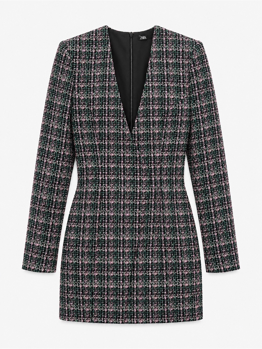 Zara Structured Metallic Tweed Mini Dress XS Black Pink Green Boucle V Neck